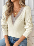 Lace stitching V-neck casual sweater