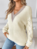 Lace stitching V-neck casual sweater