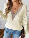 Lace stitching V-neck casual sweater