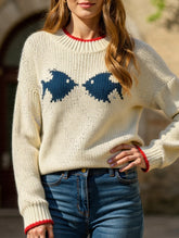Fish pattern crew neck pullover knitted sweater
