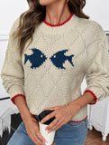 Fish pattern crew neck pullover knitted sweater