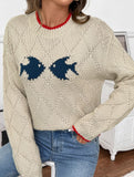 Fish pattern crew neck pullover knitted sweater