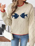 Fish pattern crew neck pullover knitted sweater