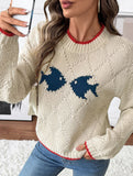 Fish pattern crew neck pullover knitted sweater