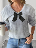 Large lapel bow-tie pullover sweater