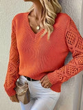 Loose V-neck hollow knit sweater