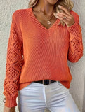 Loose V-neck hollow knit sweater