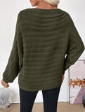 Loose horizontal striped one-shoulder green sweater