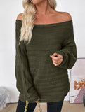 Loose horizontal striped one-shoulder green sweater