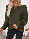 Loose horizontal striped one-shoulder green sweater