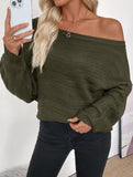 Loose horizontal striped one-shoulder green sweater