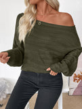 Loose horizontal striped one-shoulder green sweater