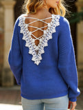 Lace hollow V-neck pullover long-sleeved sweater