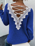 Lace hollow V-neck pullover long-sleeved sweater