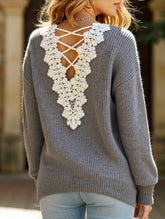 Lace hollow V-neck pullover long-sleeved sweater