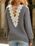 Lace hollow V-neck pullover long-sleeved sweater