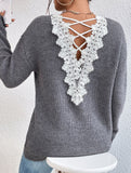 Lace hollow V-neck pullover long-sleeved sweater