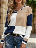 Casual round neck patchwork contrast color sweater