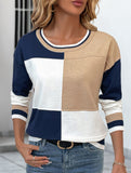 Casual round neck patchwork contrast color sweater