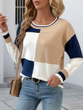 Casual round neck patchwork contrast color sweater