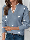 Heart Print Lace Trim Sweater