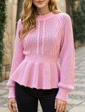 Solid color cable knitted waist ruffled sweater