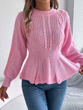 Solid color cable knitted waist ruffled sweater