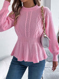 Solid color cable knitted waist ruffled sweater
