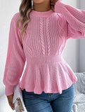 Solid color cable knitted waist ruffled sweater