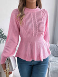 Solid color cable knitted waist ruffled sweater
