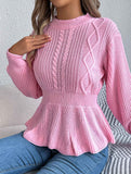Solid color cable knitted waist ruffled sweater
