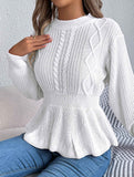 Solid color cable knitted waist ruffled sweater