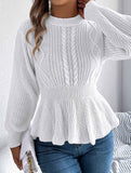 Solid color cable knitted waist ruffled sweater