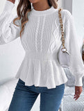 Solid color cable knitted waist ruffled sweater