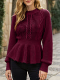 Solid color cable knitted waist ruffled sweater