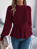 Solid color cable knitted waist ruffled sweater