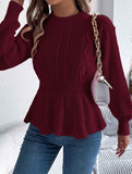 Solid color cable knitted waist ruffled sweater