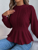 Solid color cable knitted waist ruffled sweater