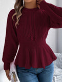 Solid color cable knitted waist ruffled sweater