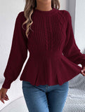 Solid color cable knitted waist ruffled sweater