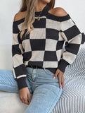Casual off-the-shoulder contrast plaid sweater