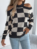 Casual off-the-shoulder contrast plaid sweater