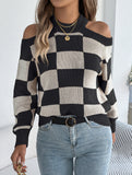 Casual off-the-shoulder contrast plaid sweater