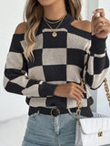 Casual off-the-shoulder contrast plaid sweater