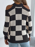 Casual off-the-shoulder contrast plaid sweater