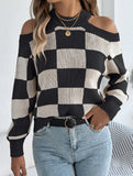 Casual off-the-shoulder contrast plaid sweater