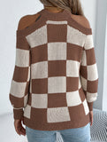Casual off-the-shoulder contrast plaid sweater