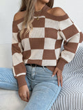 Casual off-the-shoulder contrast plaid sweater