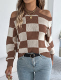 Casual off-the-shoulder contrast plaid sweater