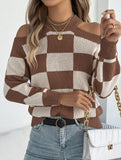 Casual off-the-shoulder contrast plaid sweater